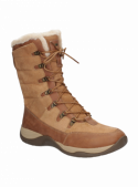 Bota camel de cuero, textil y chiporro, diseño casual femenino.