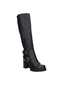 Bota femenina de cuero negro, adecuada para eventos sociales casuales o salidas en la ciudad, cómoda y estilosa.