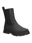 Bota de cuero negro con forro de fibra, altura de caña de 20 cm, estilo moderno.
