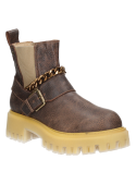 Botín Chelsea de cuero marrón para mujer con taco bloque de 5.5 cm y diseño contemporáneo.