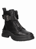 Botín negro de cuero para mujer, combinación de estilo y practicidad con taco plano.