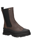 Bota chelsea de cuero café para mujer, estilo contemporáneo y sofisticado.