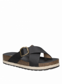 Calzado femenino negro, estilo casual y cómodo, perfecto para complementar atuendos veraniegos.