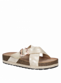 Calzado dorado de mujer, estilo informal, versátil y cómodo para el verano.