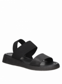 Sandalia de mujer negra, combinación de cuero y textil, estilo casual con taco plano.