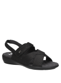 Sandalia negra de cuero para mujer con taco cuña de 4 cm y punta abierta, estilo informal.
