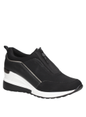 Zapatilla negra de cuero y textil para mujer, estilo informal, con taco cuña de 7 cm y punta redonda.