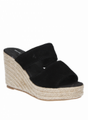 Sandalia negra de cuero gamuzado para mujer, con diseño contemporáneo y taco cuña alto.