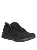 elegante zapatilla negra de mujer en mezcla de textil y cuero, ideal para eventos sociales