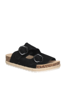 Elegante sandalia negra de cuero, ideal para el verano, con forro sintético.