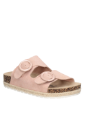Sandalia rosada de cuero para mujer, diseño casual con punta abierta y taco plano de 3.5 cm.