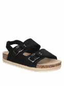Sandalia negra de cuero para mujer, diseño casual y cómodo, ideal para ocasiones especiales en verano.