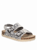 Sandalia gris de cuero para mujer, casual y fresca, con taco plano y punta abierta.