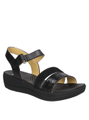 Sandalia de cuero negro para mujer, estilo informal, con taco plano y punta abierta para mayor confort.