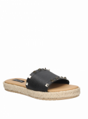 Sandalia de cuero negro, estilo casual para mujer, con taco plano, cómoda y fresca.