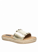 Sandalia dorada de cuero, diseño casual femenino, cómoda y fresca para el parque.