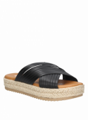 Sandalia negra de cuero para mujer, diseño contemporáneo, cómoda y fresca con taco plano y forro suave.