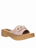 Calzado casual de cuero rosado para mujer, con plataforma de corcho y diseño chic de cadena sobre la tira ancha.