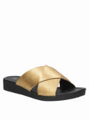 Sandalia oro de cuero para mujer, diseño elegante y versátil para cualquier ocasión.