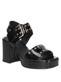 Sandalia de cuero negro para mujer, estilo informal, con taco de 9.5 cm y punta abierta.