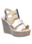Sandalia de cuero oro para mujer, estilo casual con taco cuña de 11 cm y punta abierta.