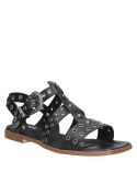Sandalia negra de cuero con tachas, estilo contemporáneo para mujer, ideal para días cálidos.