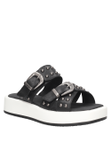Sandalia negra de cuero con tachas y punta abierta para mujer, diseño contemporáneo y vanguardista.
