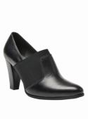Zapato negro de cuero para mujer, estilo informal, con taco bloque de 7.5 cm y punta puntiaguda.