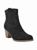Botín vaquero negro de mujer en cuero gamuzado con diseño minimalista y tacón cuadrado medio, ideal para estilo boho chic.