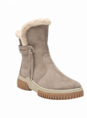 Botín de mujer en cuero taupe, estilo casual, con caña media y ribete de pelo sintético, ideal para días fríos.