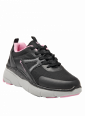 zapatilla negra de mujer con taco plano de 6.6 cm y punta redonda, ligera y confortable.
