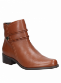 Botín de cuero café para mujer, estilo informal, sofisticado con forro textil y detalles únicos.