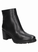 Botín negro de cuero para mujer, mezcla de diseño clásico y moderno, ideal para ambientes de trabajo menos estrictos.