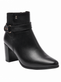 Botín negro de cuero para mujer, estilo casual y elegante, con tacón cuadrado y detalle de correa lateral con hebillas.