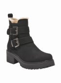 Botín negro casual para mujer con diseño robusto, correas ajustables y hebillas metálicas, ideal para un look urbano.