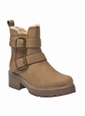 Botín beige casual para mujer, diseño robusto, dos correas ajustables con hebillas y suela gruesa dentada.