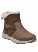Botín camel para niña, casual, con banda decorativa y broche, ideal para climas fríos por su forro esponjoso.