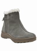 Botín gris casual para mujer en cuero gamuzado, con borde tipo lana para un toque acogedor y suela robusta para tracción.