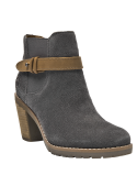 Versátil botín de cuero gamuzado gris para mujer, adecuado para salidas casuales o eventos semi-formales en la ciudad.