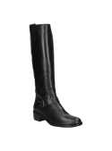 Calzado de cuero negro para mujer, con detalle de hebilla y remaches, ideal para eventos formales y salidas casuales.