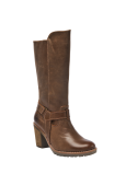 Bota de mujer en cuero café, caña alta y taco estable, adecuada para eventos semi-formales o informales en días frescos.