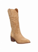 Bota camel de cuero para mujer con bordados inspirados en la cultura Western, versátil para jeans, faldas y vestidos.