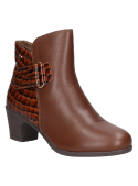 Botín casual marrón de cuero, para mujer, con imitación piel de reptil y hebilla metálica, sofisticado y versátil.
