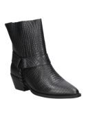 Botín de cuero negro, estilo casual, con taco bloque que estiliza la figura femenina.