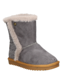 Calzado infantil gris casual, con detalles únicos como un borde de piel sintética y botón, ideal para el invierno.