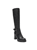 Bota de cuero negro para mujer con diseño minimalista y taco grueso, ideal para un estilo informal y urbano.