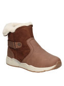 Botín beige casual para niña con borde de pelo sintético, ideal para combinar con jeans o leggings en días fríos.