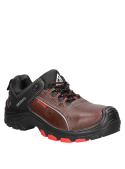 Zapato de seguridad unisex café en cuero con puntera reforzada y cordones anchos para ajuste seguro y protección.