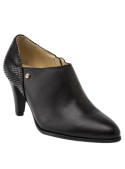 Botín negro de cuero para mujer, elegante con tacón medio y detalle metálico lateral, ideal para estilo urban chic.