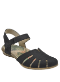 Sandalia negra de cuero para mujer, punta semi-cerrada, elegante y protectora para actividades diarias.